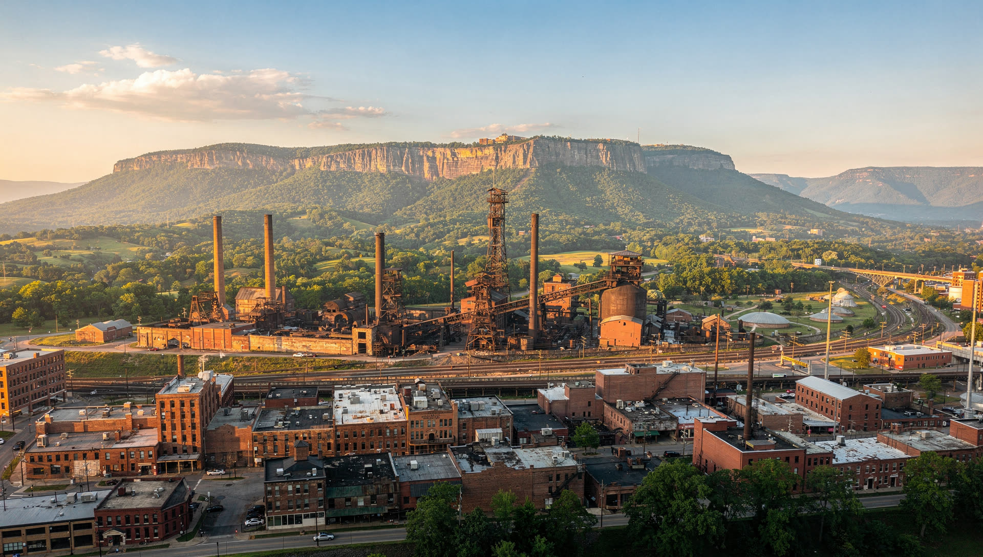 Aerial view of Birmingham at golden hour, the downtown skyline in the Jones Valley with Red Mountain rising to the south.