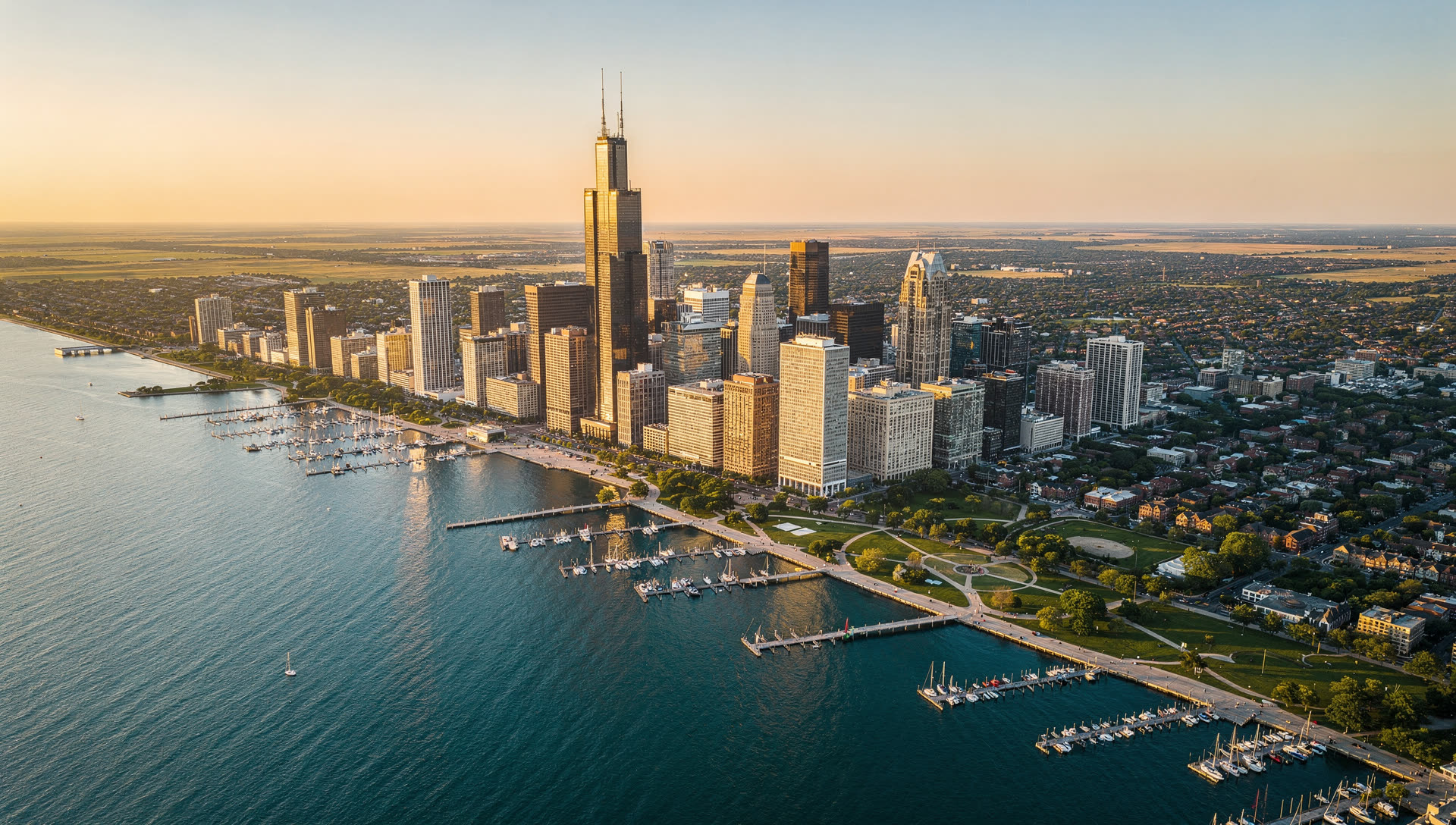 Aerial view of the Chicago skyline at golden hour, downtown towers along Lake Michigan with the Chicago River threading between them and the lakefront stretching north.