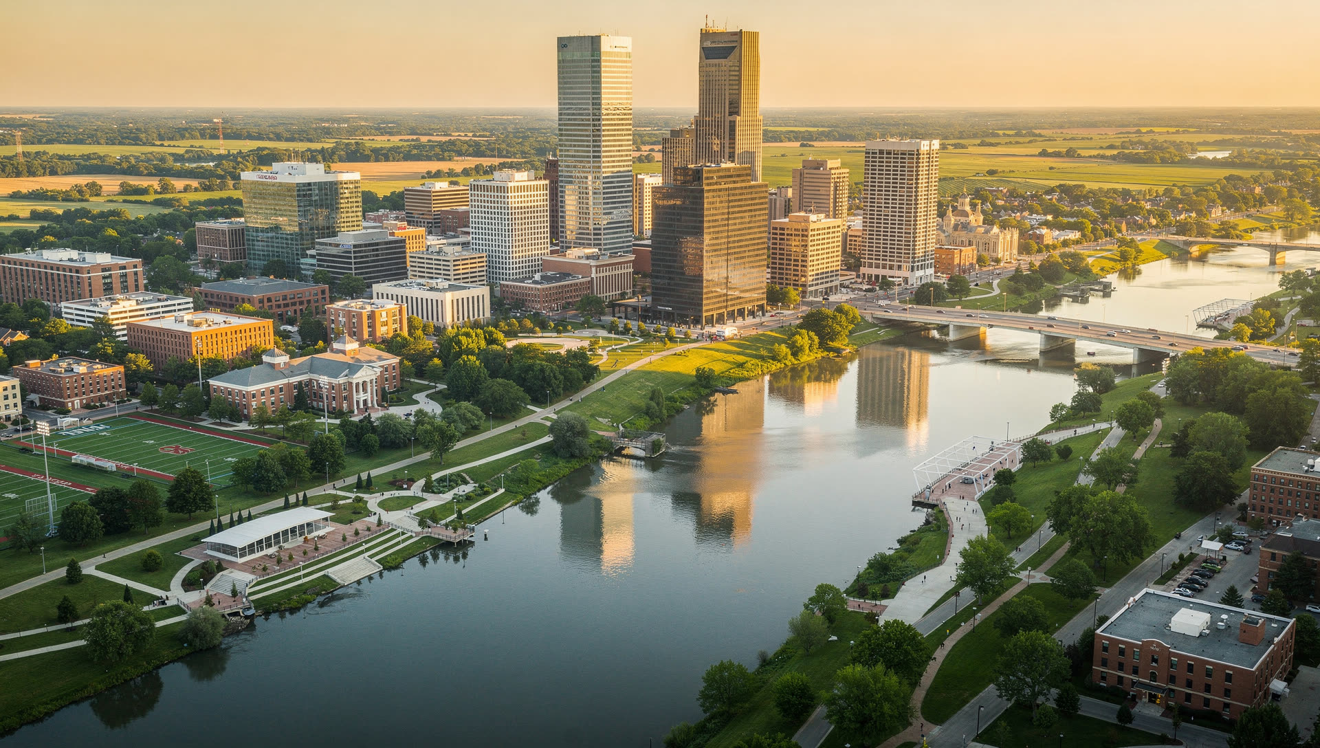 Aerial view of Columbus, Ohio at golden hour, the downtown skyline along the Scioto River with the surrounding street grid and low-rise neighborhoods spreading outward.