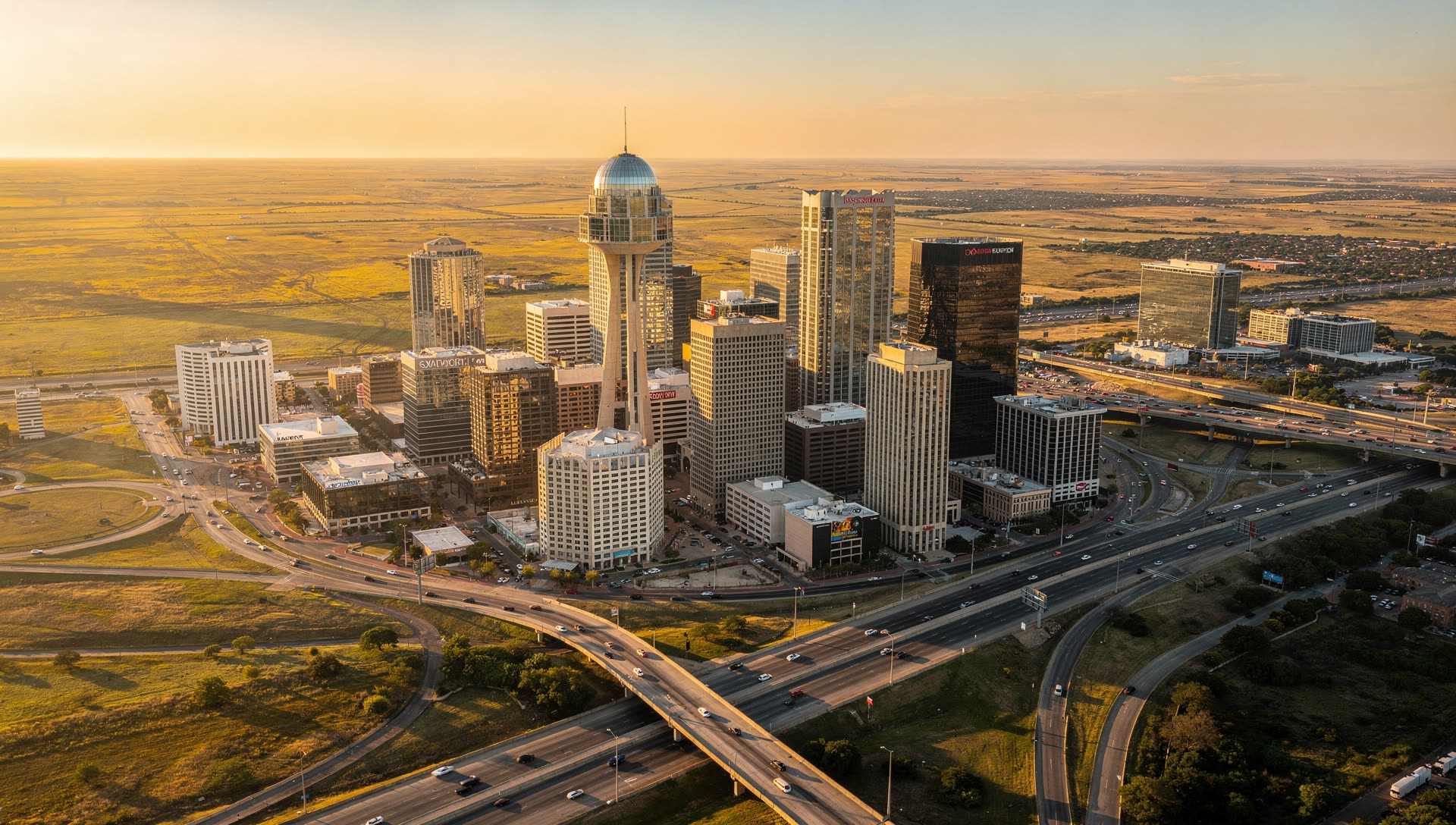 Aerial view over the Dallas skyline at golden hour, Reunion Tower in the foreground, with the flat North Texas prairie and wide freeway corridors running west toward Fort Worth.