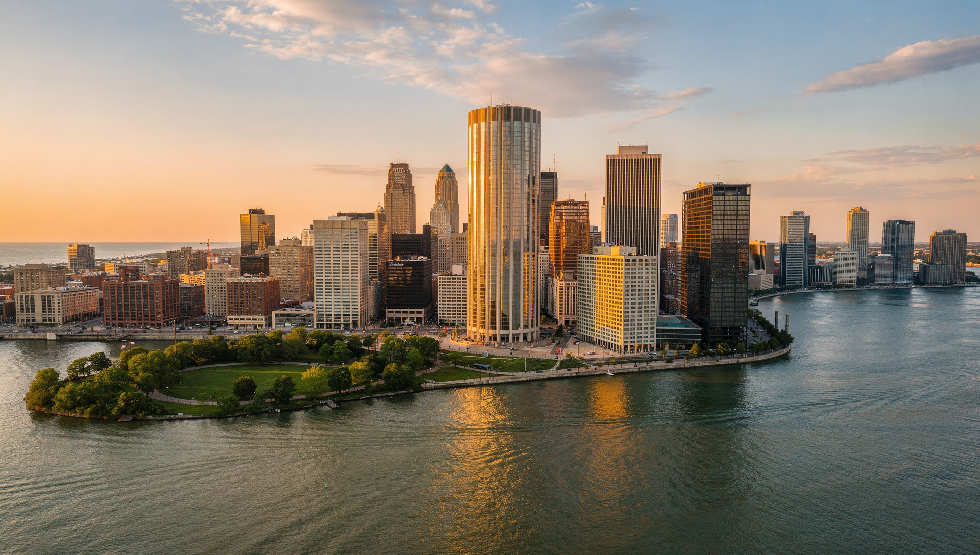 Aerial view of Detroit at golden hour, the downtown towers and Renaissance Center on the Detroit River with the street grid radiating outward.