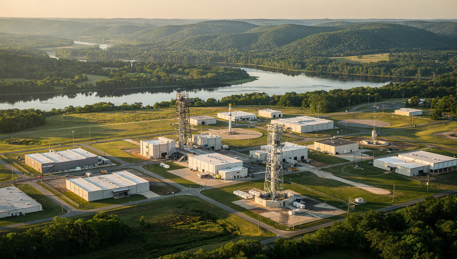 Aerial view over Huntsville, Alabama at golden hour, the Redstone aerospace campus and test structures in the middle distance with the Tennessee River valley and Appalachian foothills beyond.