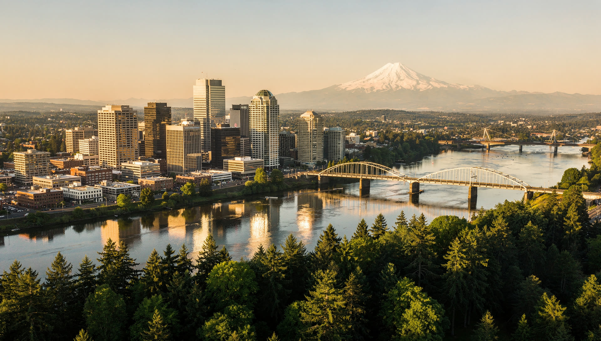 Portland, Oregon from the air at golden hour, the downtown blocks on the Willamette River with the bridges crossing to the east side and Mount Hood on the horizon.