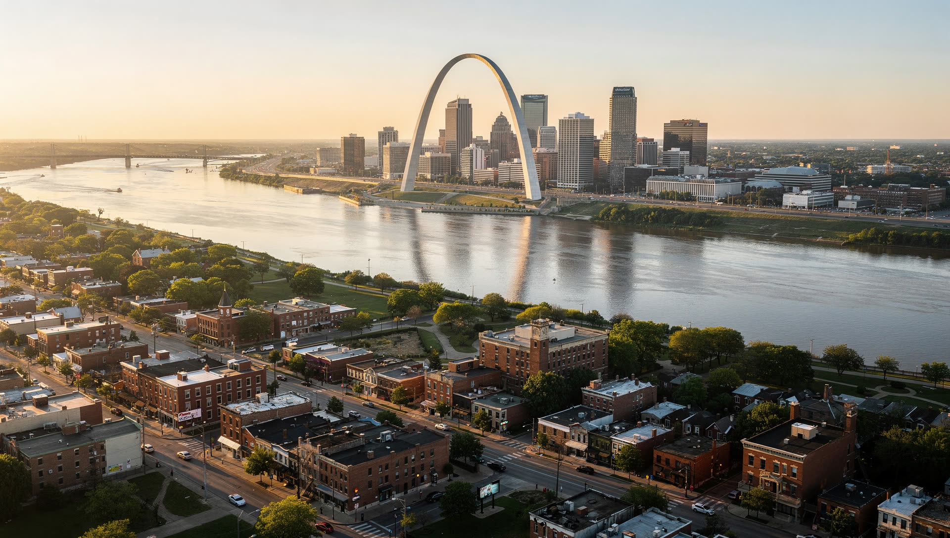 Aerial view of St. Louis at golden hour, the Gateway Arch on the Mississippi riverfront with the downtown skyline behind it and the city grid running west.