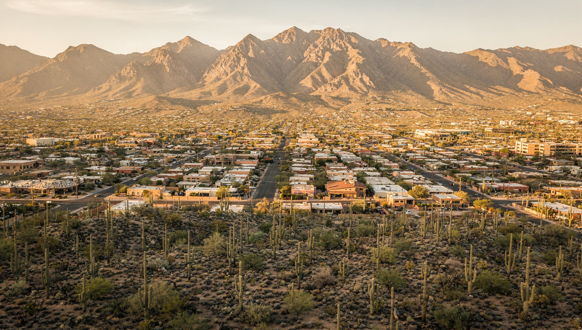 Tucson from the air at golden hour, the low downtown skyline in the Santa Cruz valley with the Santa Catalina Mountains rising to the north.